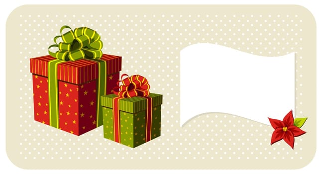 Gift boxes and banner with red Christmas flower. Beige background with white spots. Vector available