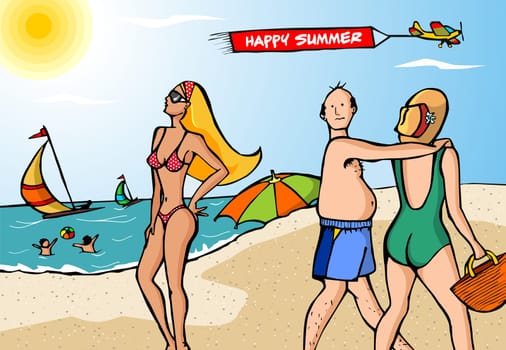 Beach scene. Married man dazzled by a young gorgeous blond woman. Kids playing and sailing boats in the ocean. Plane with a banner on the sky. Vector available