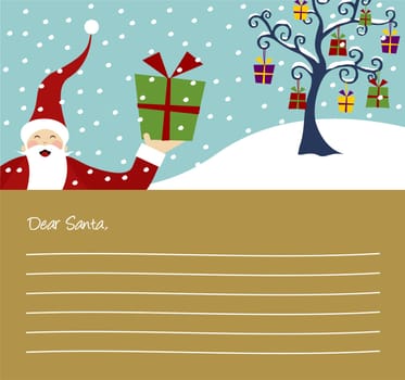 Happy Santa Claus and Christmas tree with lots of gifts letter background