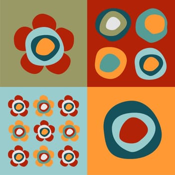 Pattern of squares with colorful circles and flowers