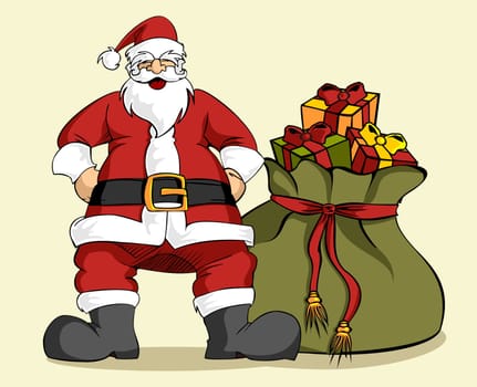 Happy Santa Claus laughing with hands on hips with a large Christmas gifts bag. Clear background.