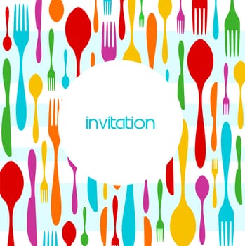 Food, restaurant, menu design with colorful cutlery silhouette background. Suitable as invitation dinner card. Vector available