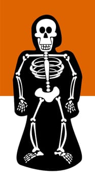 Halloween skeleton dressed in black. Orange and white background. Vector available