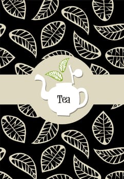beige leaves on black background vector with tea label  on white teapot