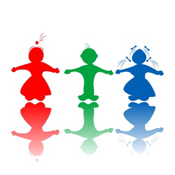 Happy hugging children silhouettes in colors, isolated objects over white background
