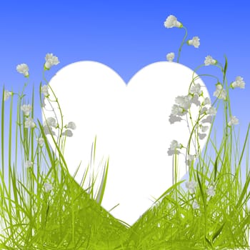 Image shows a heart shape empty card in the grass with flowers