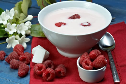 some fresh seasonal summer raspberries with yogurt