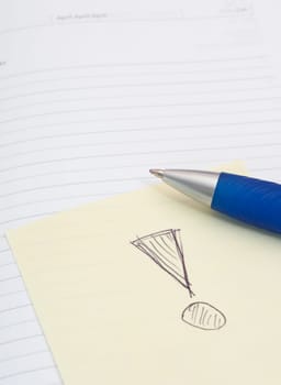 Empty Notebook, Ballpoint and Yellow Memo Stick With Exclamation Mark on White Background