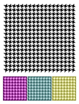 Pied-de-poule texture in black and white and three colored patterns below