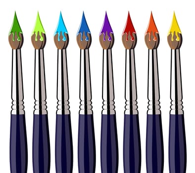 Eight paint brushes in a row with colorful paint on the bristles. White background. Vector available