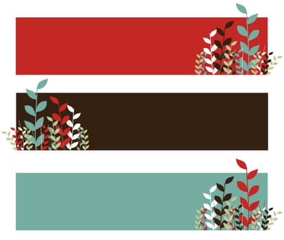 Spring pattern. Growing leaves on red, black and blue wide stripes. White background. Vector available