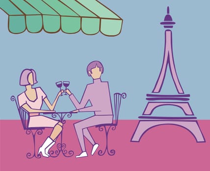 Couple celebrating in Paris near the Eiffel tower on light blue background.