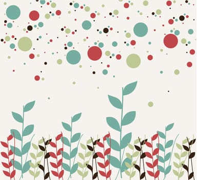 Pattern of natural colorful branches and a bubbles design. White background