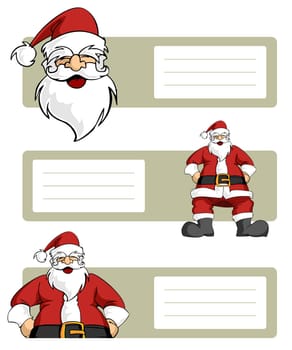 Happy Santa Claus planes variations with blank striped labels to write. White background. Vector illustration