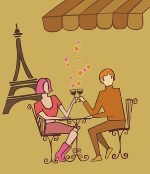 Couple enjoy Paris at a restaurant near the Eiffel tower on brown warm tones palette background.