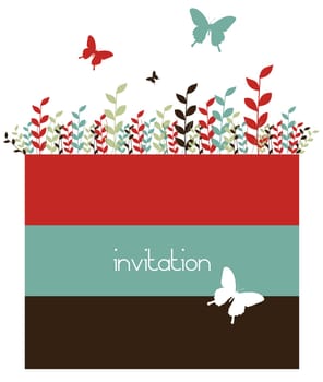Butterflies and growing leaves on red, blue and black horizontal bars. White background. Spring motif design usable as invitation card. Vector available