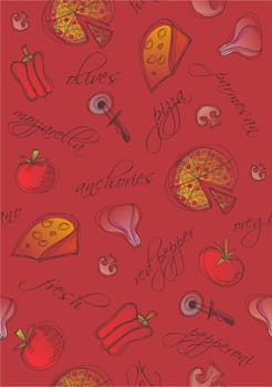 Pattern of pizza and ingredients with words on red background. Vector available