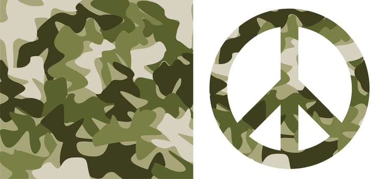 Camouflage pattern and peace symbol with the same texture over white background