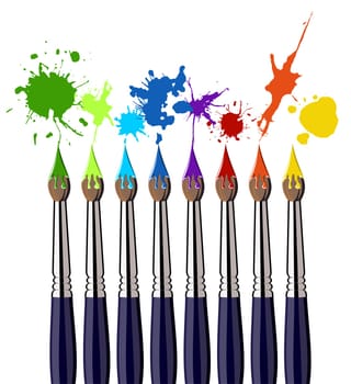 Eight brushes and colorful splattered paint. White background. Vector available
