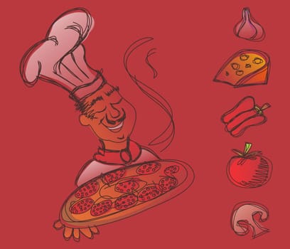 Chef with a pizza in the hands and ingredients of the italian pizza on red background. Vector available