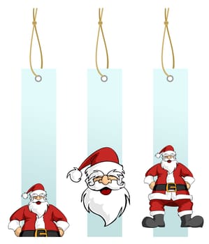Happy Santa Claus in different light blue hanging tags. White background. Vector illustration