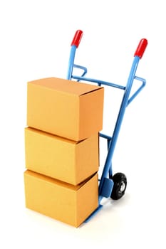 a sack truck and moving boxes against a white background