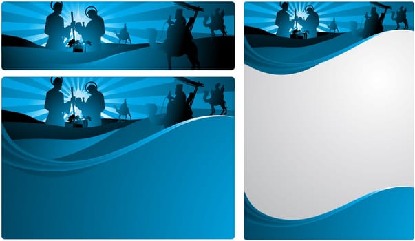 Illustration in different formats, horizontal banner format and horizontal letter format. They represent the nativity scene with the three wise men.