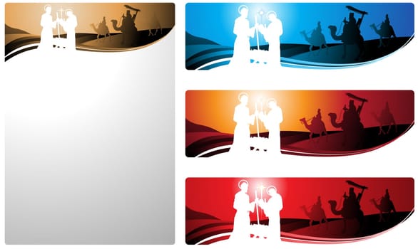 Illustration in different formats, horizontal banner format and horizontal letter format. They represent the nativity scene with the three wise men.