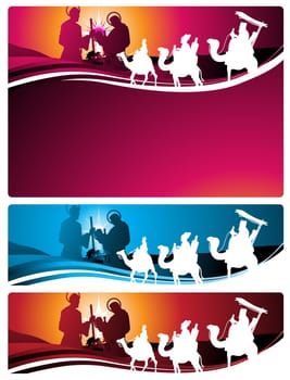 Illustration in different formats, horizontal banner format and horizontal letter format. They represent the nativity scene with the three wise men.