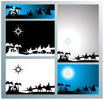 Illustration in different formats, horizontal banner format and horizontal letter format. They represent the nativity scene with the three wise men.