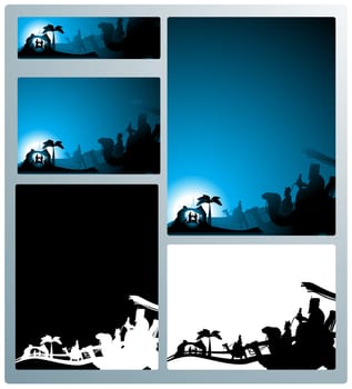 Illustration in different formats, horizontal banner format and horizontal letter format. They represent the nativity scene with the three wise men.