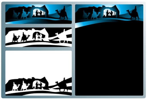 Illustration in different formats, horizontal banner format and horizontal letter format. They represent the nativity scene with the three wise men.