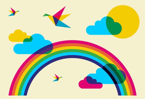 Spring time: full color humming birds, rainbow and clouds. Vector file available.