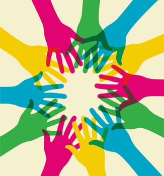 multicolored hands illustration over a light background. Vector file available.