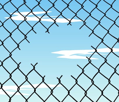 Cut wire fence with blue sky and clouds background. Vector available