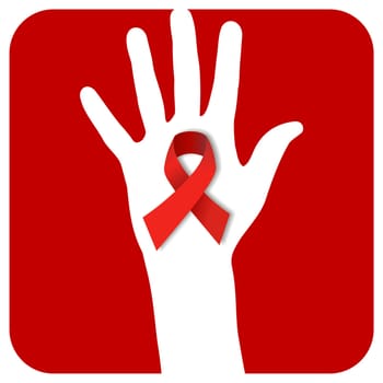 hand with a AIDS symbol over a red rounded square