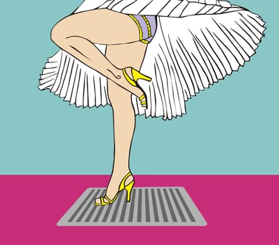 Marilyn Monroe legs style. White dress flying due to the air of the sewer. Vector available.
