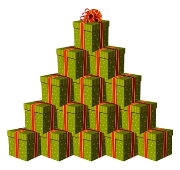 Green gift boxes forming a Christmas tree with a red ribbon as a star. White background. Vector available