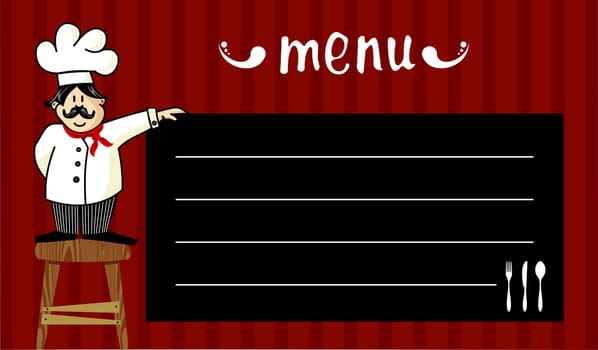 Funny chef on a wooden bench, holding a blackboard where the menu is written daily. Striped red background.