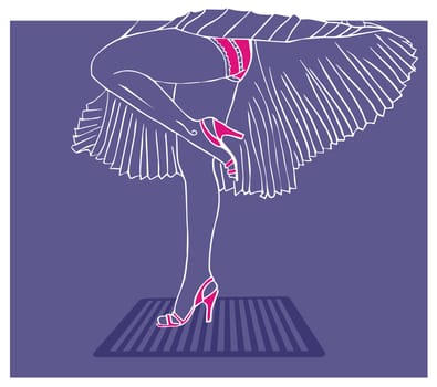 Marilyn Monroe legs style. White dress flying due to the air of the sewer. Outline vector illustration. Blue background