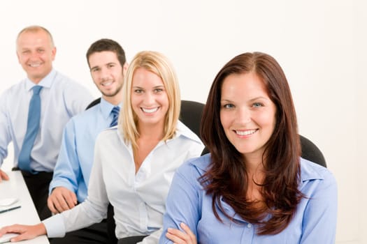 Business team attractive woman sit in line behind computer table