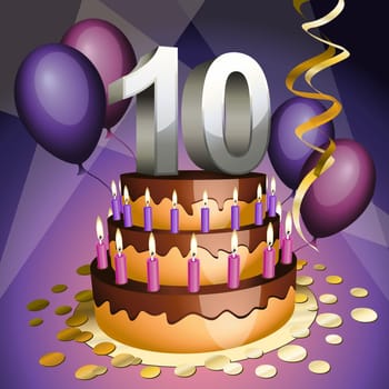 Tenth anniversary cake with numbers, candles and balloons