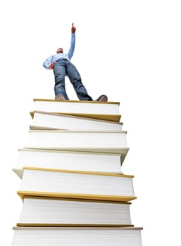 standing man on book pile pointing