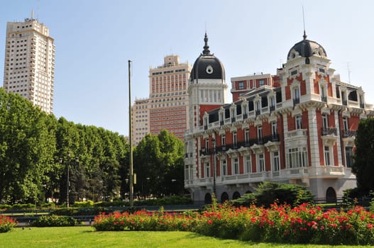 Plaza Espana with famous buildings (Torre de Madrid and Edificio Espana) - Madrid, Spain.