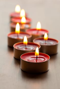 Close-up of red tea-light candles for Christmas