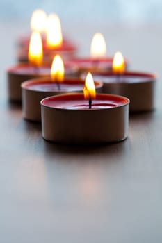 Close-up of red tea-light candles for Christmas