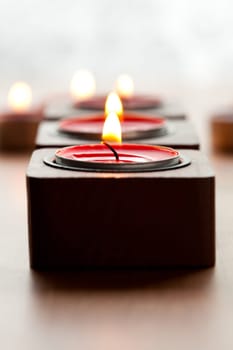 Close-up of red tea-light candles for Christmas