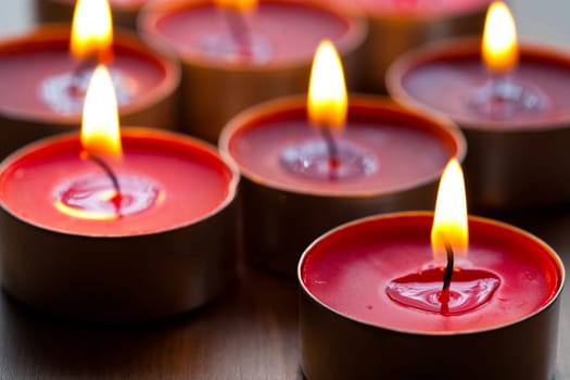Close-up of red tea-light candles for Christmas