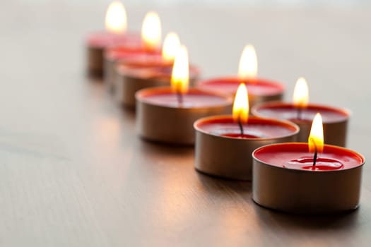 Close-up of red tea-light candles for Christmas