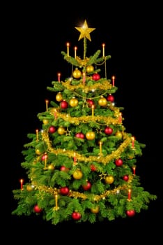 Magnificent Christmas tree with tree decorations and candles on black background